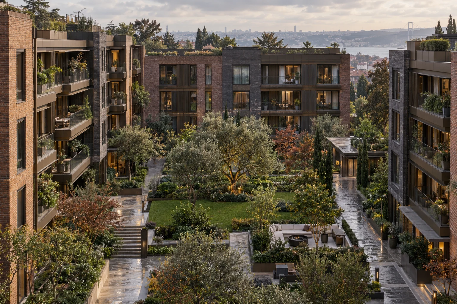 Peyzajlı avlu çevresindeki konut yapıları